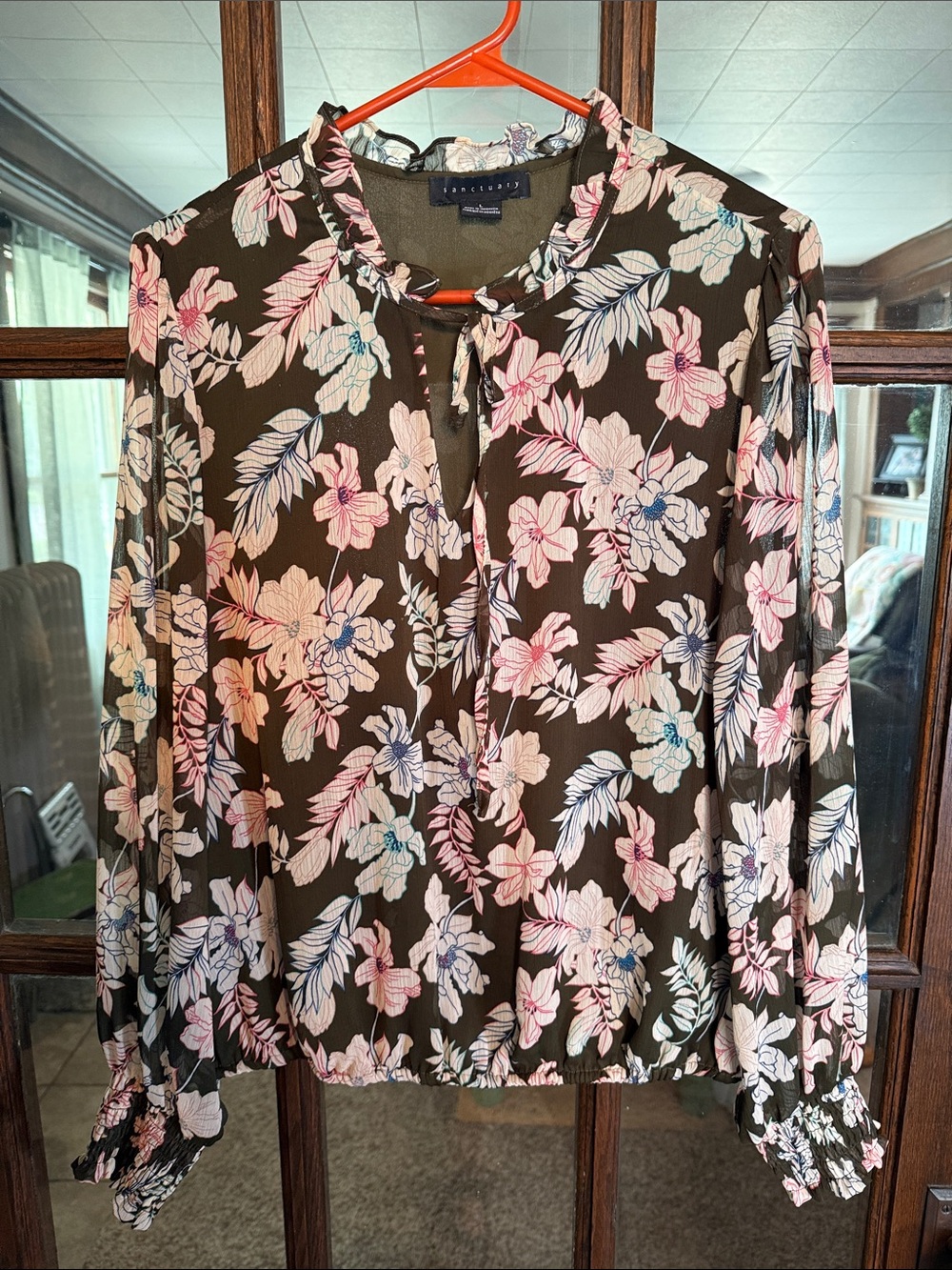 Sanctuary Women Floral Chiffon Blouse Brown Pink‎ Ruffle Neck Smocked Cuff Large